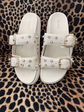 ALDO Ivory Jeweled Double-Buckle Slide Sandals
